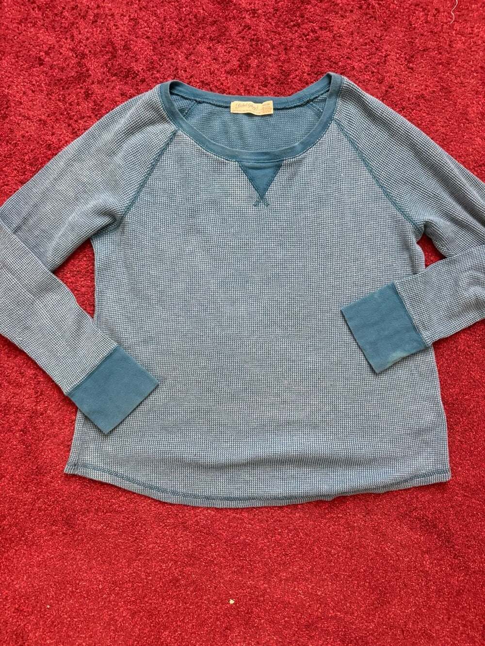 Women's Blue Waffle Knit Thermal Long Sleeve Crew Neck XXL Vintage Wash